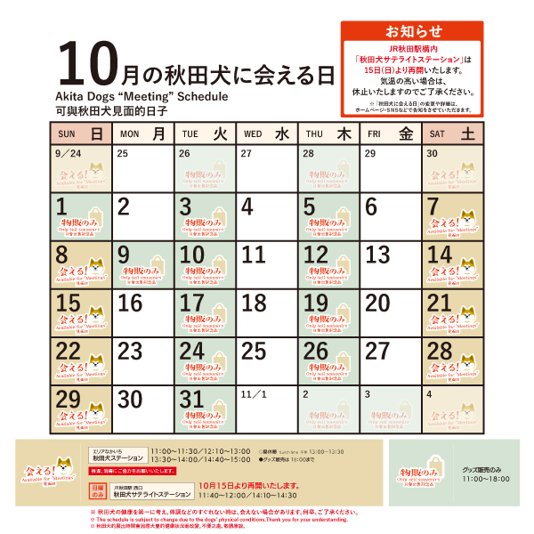 2023年10月に「秋田犬ステーション」で「秋田犬に会える日時」についてお知らせいたします。