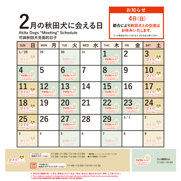 2024年2月に「秋田犬ステーション」で「秋田犬に会える日時」についてお知らせいたします。