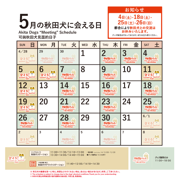 2024年5月に「秋田犬ステーション」で「秋田犬に会える日時」についてお知らせいたします。