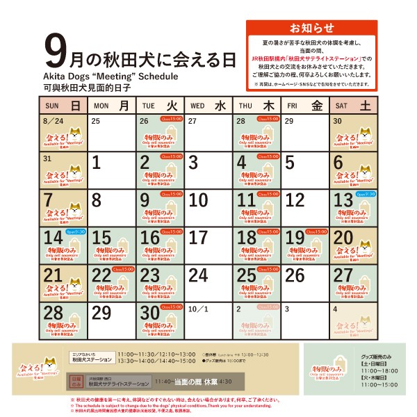 2025年9月に「秋田犬ステーション」で「秋田犬に会える時間」についてお知らせいたします。